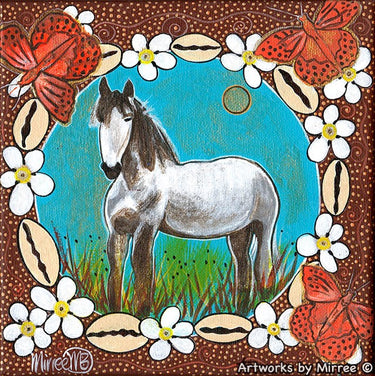 Horse Dreaming with Cowrie Shells & Butterfly Medicine Framed Canvas Print by Mirree Contemporary Aboriginal Art